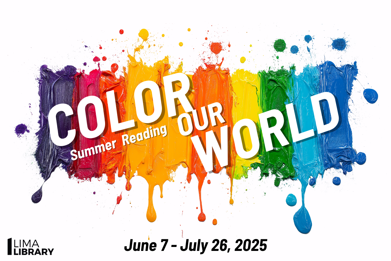 Explosive color with the words "Color Our World" Summer Reading, June 2-July 26